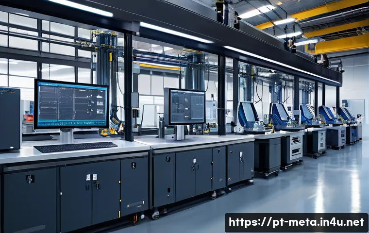 강도와 경도 시험 이론 - A detailed industrial laboratory scene showcasing a high-tech materials testing facility, featuring ...
